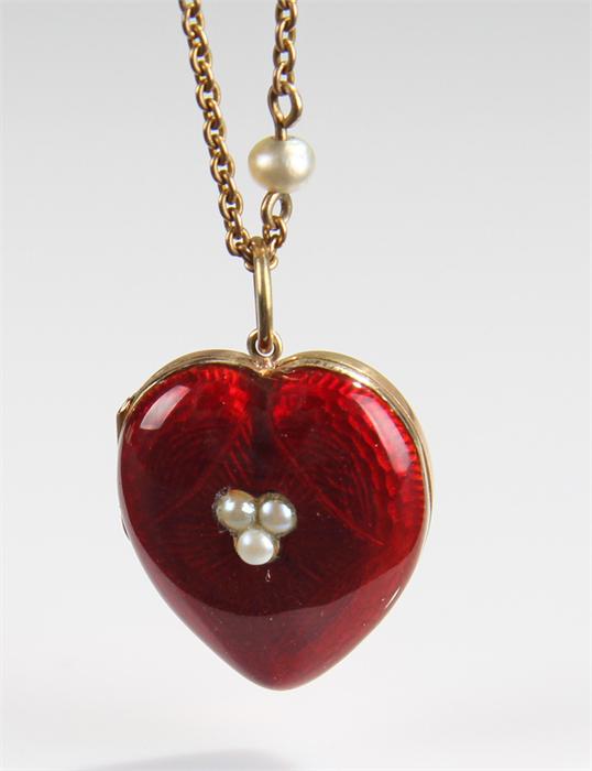 9 carat gold, pearl and enamel set heart locket an - Image 3 of 3