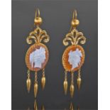 Pair of yellow metal shell cameo earrings, with cl