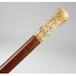 Circa 1702 ivory and pique work cane, dated 1702 a