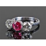 Diamond and red spinel set white metal ring, the c