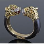 Diamond ruby and gold tigers head bangle bracelet,