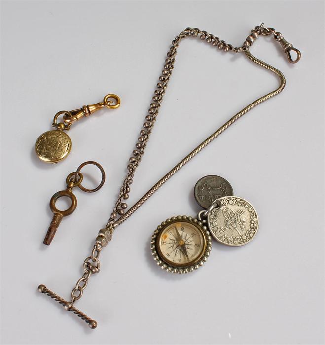 Pocket watch chain, together with a compass, a watch chain clip, and a key, (4) - Image 2 of 2