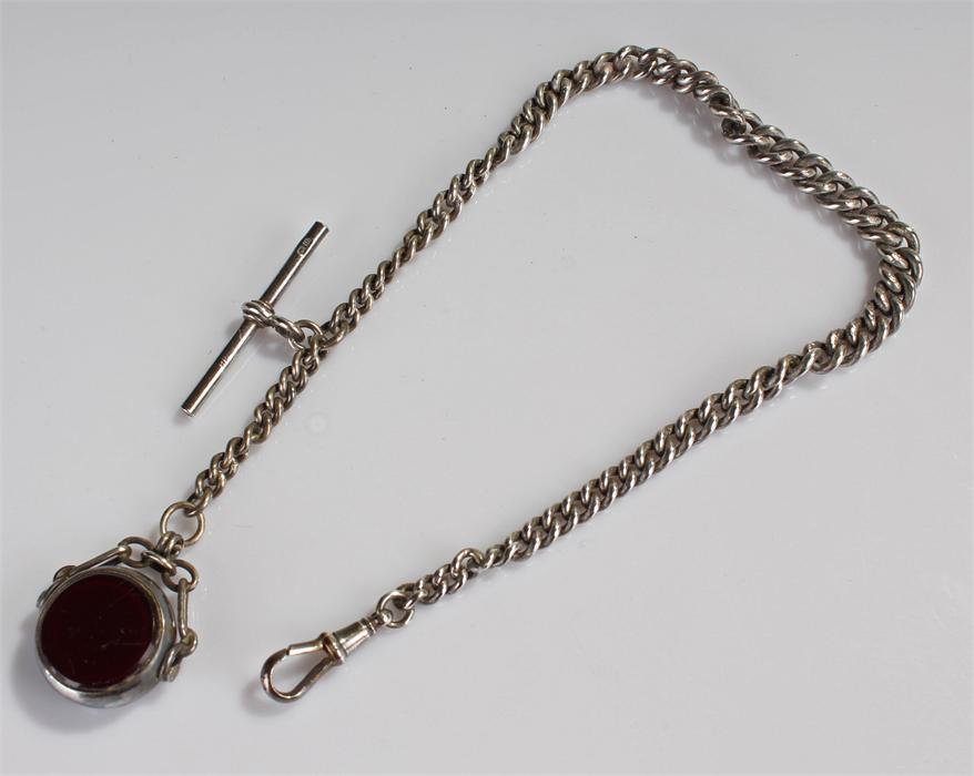 Silver pocket watch chain, with clip and T bar, seal attched