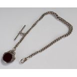 Silver pocket watch chain, with clip and T bar, seal attched