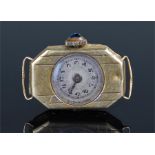 Art Deco 18 carat gold ladies wristwatch, the angled rectangular case with circular silvered dial,