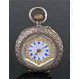 Silver open face pocket watch, the white enamel dial with blue flower enamel back, 32mm diameter