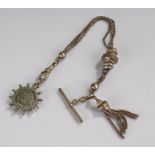 White metal pocket watch chain, with T bar and clasp, compass attached