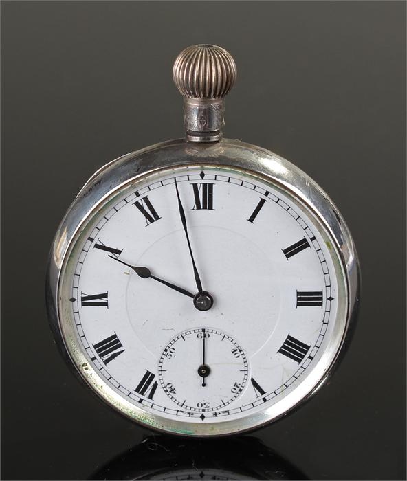 Silver open face pocket watch, with a white enamel dial, Roman hours, case 48mm diameter