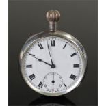 Silver open face pocket watch, with a white enamel dial, Roman hours, case 48mm diameter