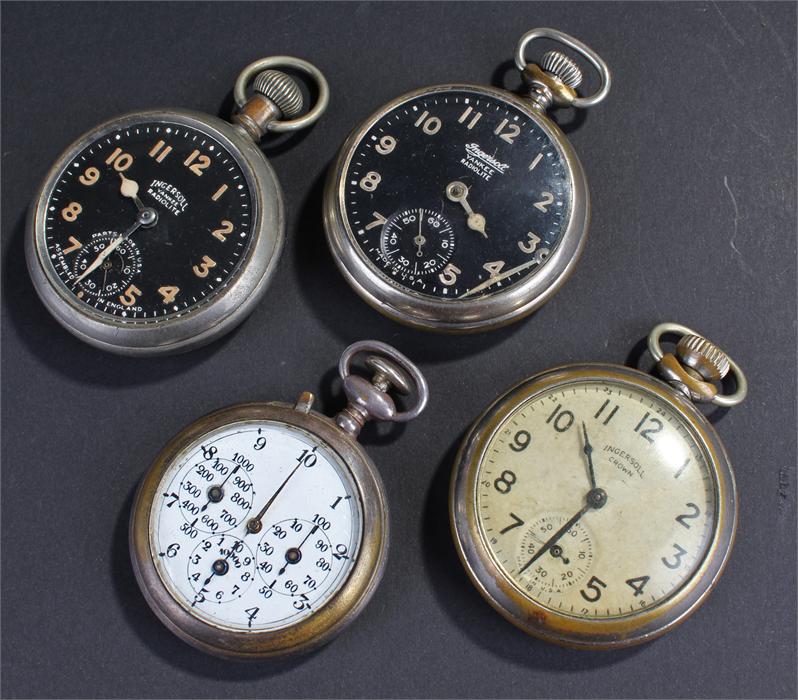 Three pocket watches, each Ingersoll, together with a pedometer, (4)