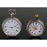 Two silver pocket watches, bother with enamel dials, Roman numerals, (2)
