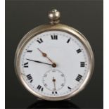 Silver open face pocket watch, white enamel dial, Roman hours, subsidiary seconds dial, case