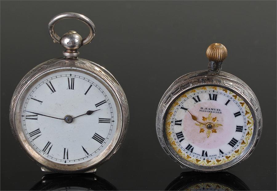 Two silver pocket watches, bother with enamel dials, Roman numerals, (2) - Image 2 of 2