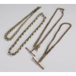 Watch chains, to include one silver example, T bar and clip, together with a further three plated