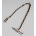 Silver pocket watch chain, each link marked, clip and T bar, 21.5cm long