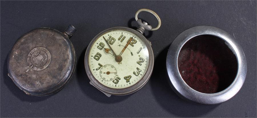 pocket watch, chrome open face example, together with a watch case, a silver watch case, (3)