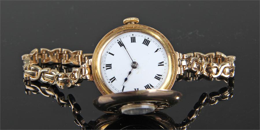 9 Carat Gold Ladies Wristwatch , the half Hunter Case with outer chapter ring, interior white - Image 2 of 3