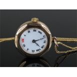 9 carat gold pocket watch, with a white enamel dial, with a 9 carat gold chain