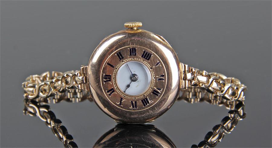 9 Carat Gold Ladies Wristwatch , the half Hunter Case with outer chapter ring, interior white