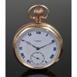 Gold plated open face pocket watch, the dial signed W Hinds Ltd, London, Roman hours, subsidiary