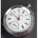 Silver open face pocket watch, Waltham Watch Company, the white enamel dial, Roman hours, 57mm