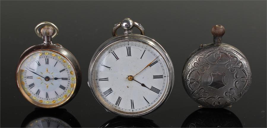 Pocket watches, to include a silver example, a gun metal example, and a silver case and movement, (