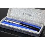 Cased Parker fountain pen, the black body with stainless steel cap, cased