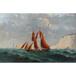 Oil painting of a two masted ship named "Kate" sailing of the Needles with other ships, Picture size