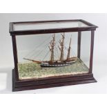 19th century three masted brigantine named "Walter" in original wood and glass dome, 41cm high, 61cm