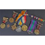First War trio, awarded to 54757 GNR. A.J. MALLOWS. R.F.A. together with three attendance medals and