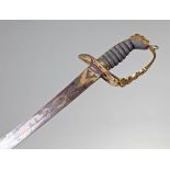 George III Officers 1803 pattern sword, the curved 79cm blue blade, with gilt decoration, pierced