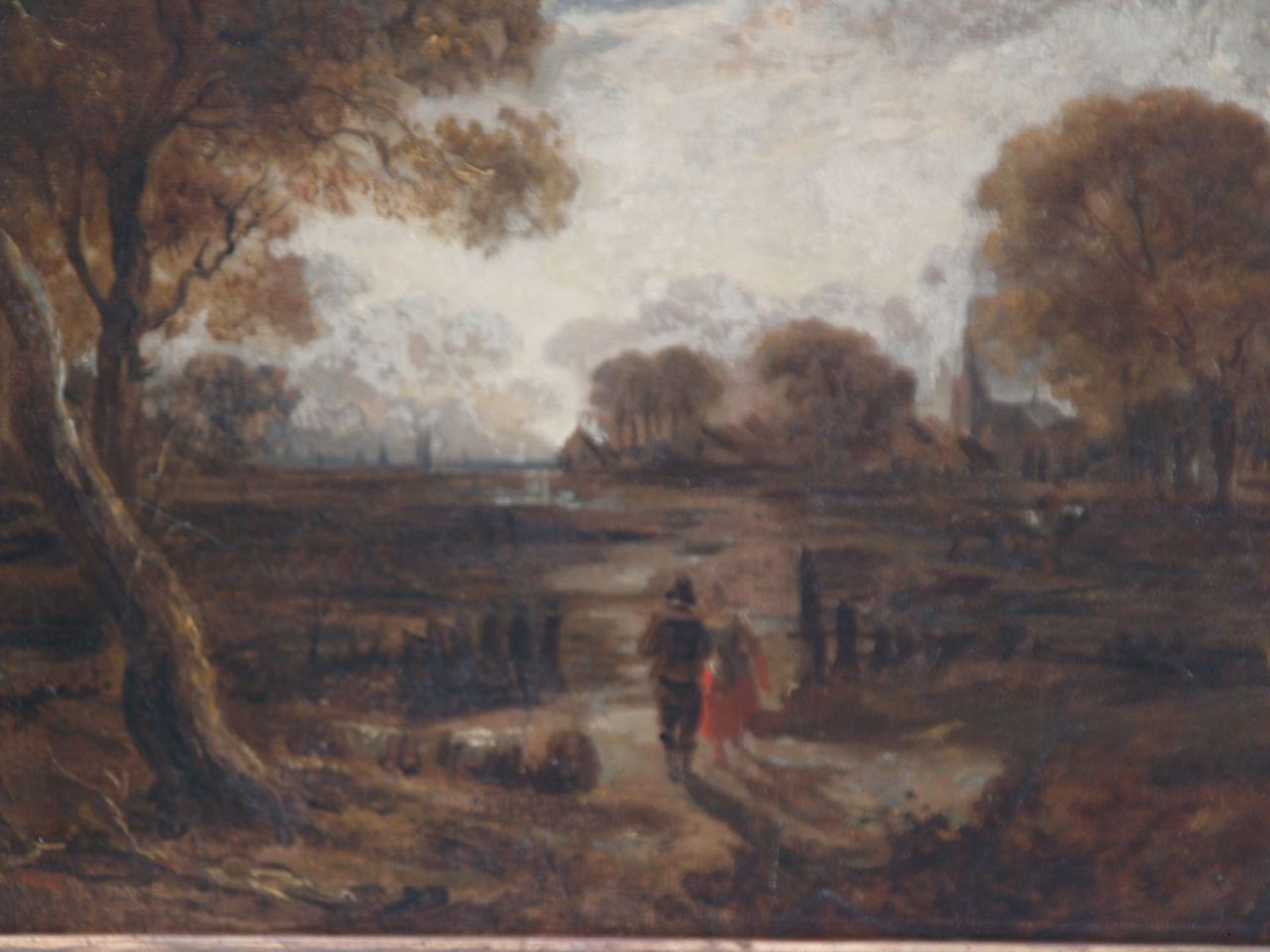 Crome,John(1768-1821) - Landschaft mit Bauernpaar und Vieh am Dorfeingang bei Abendstimmung, Öl/
