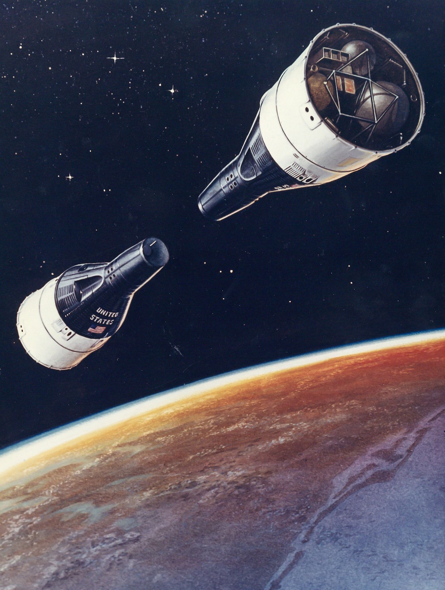 Artist’s concept of the rendezvous and recovery of the “twin” spacecraft Gemini 6 and Gemini 7,