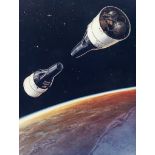 Artist’s concept of the rendezvous and recovery of the “twin” spacecraft Gemini 6 and Gemini 7,