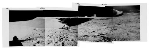 Panoramic view with David Scott on the edge of Hadley Rille canyon, Station 2 Panoramic view with