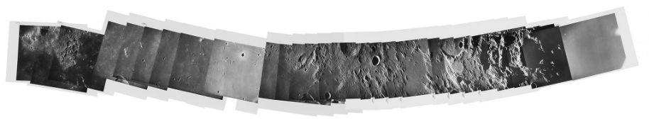 Panorama from landing site 1 to the lunar terminator, Apollo 10, May 1969. Mosaic of twenty-eight