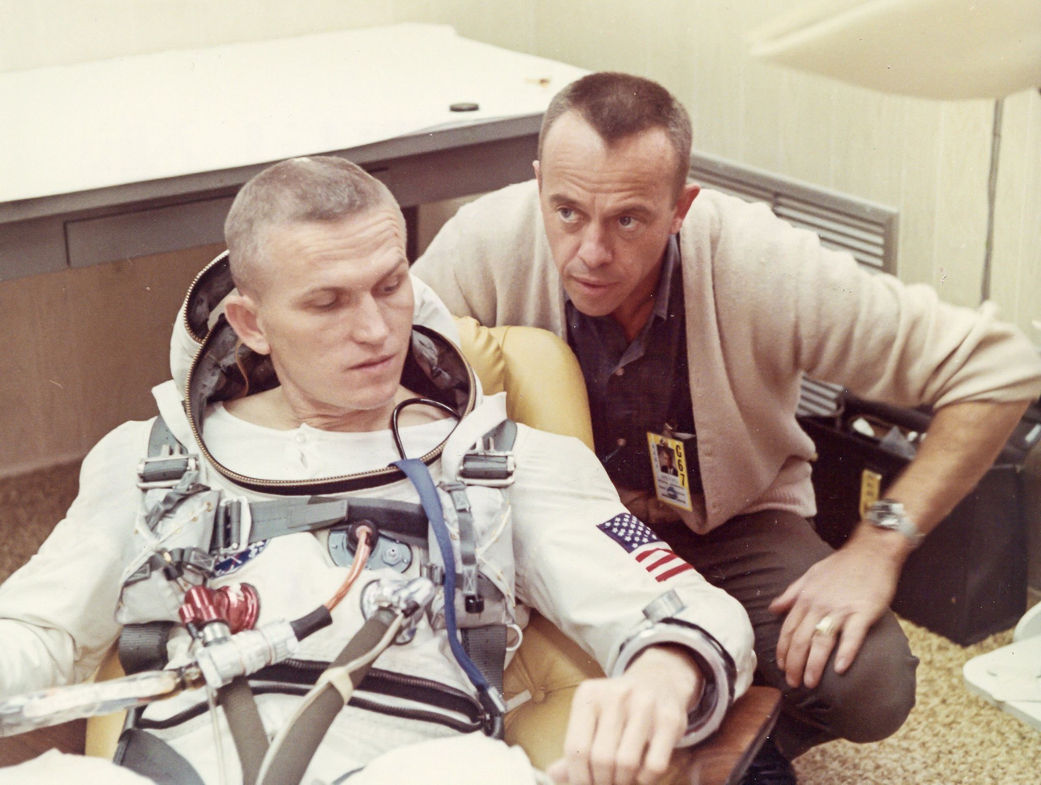 Astronauts Frank Borman and James Lovell during countdown, Gemini 7, December 1965 Two vintage