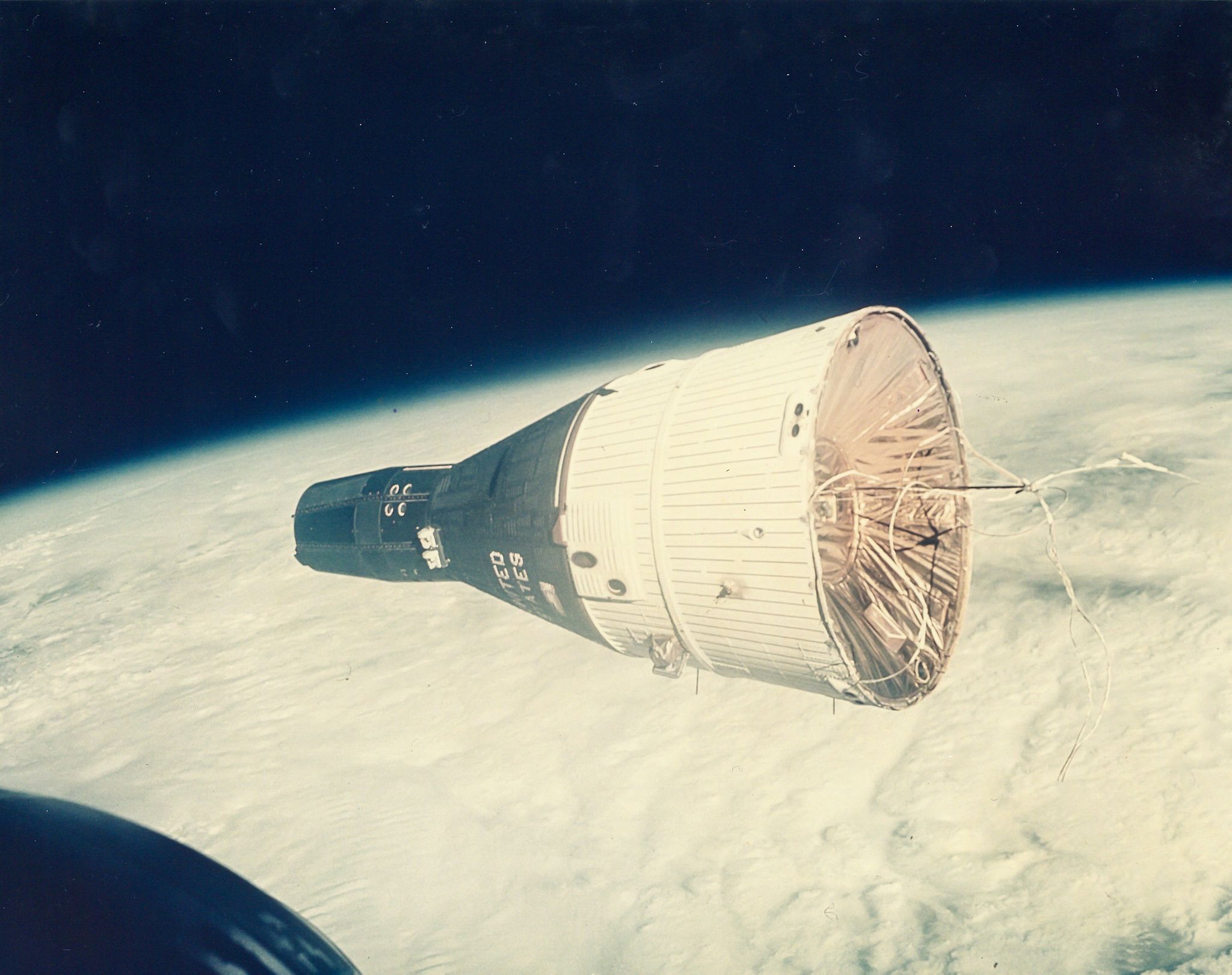 Gemini 7 floating in space during station keeping manoeuvre, Gemini 6, December 1965 Two vintage