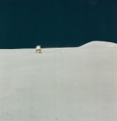 David Scott - The LM, the flag and James Irwin in the barren lunar landscape, EVA 3, Apollo 15,