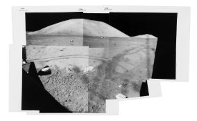 Panoramic view of the Taurus-Littrow landing site as seen from the LM left... Panoramic view of