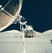 The LM “Challenger” seen from the Lunar Rover during the return to the... The LM Challenger seen