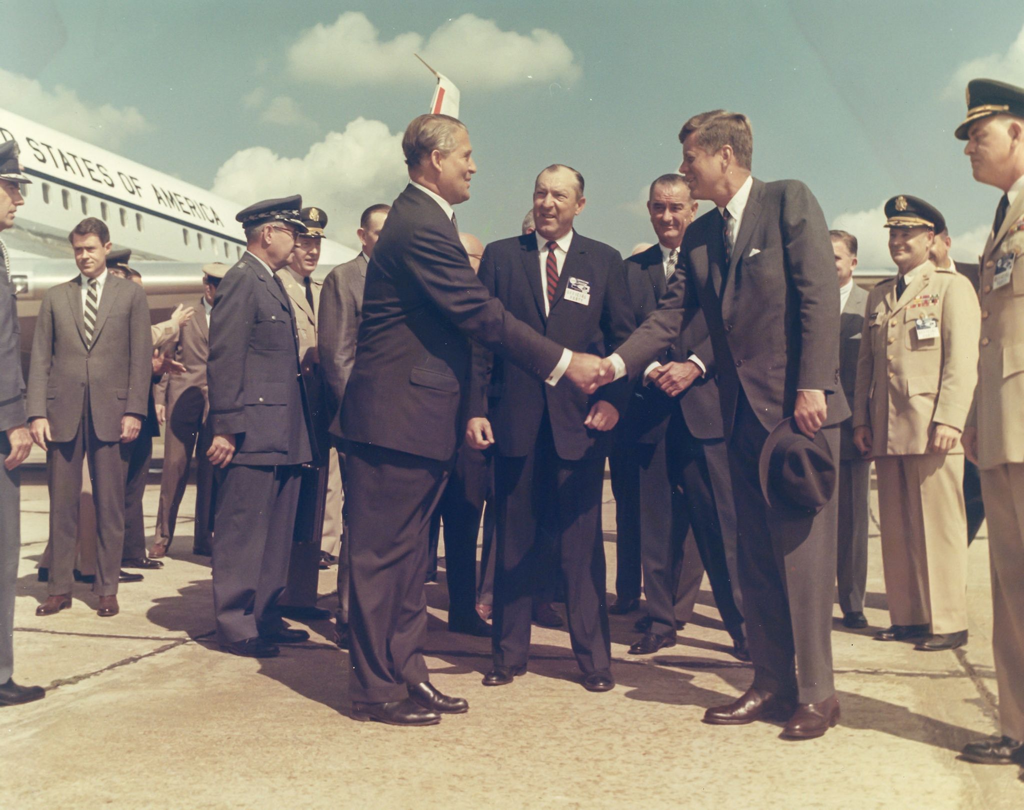 President John F. Kennedy and Vice President Lyndon B. Johnson visit Dr. Wernher von Braun at