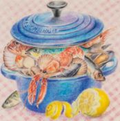 Archer (Val) - Garden Peas; Seafood Casserole,  2 pastels over pencil, 200 x 185mm. and 160 x