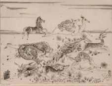 Joseph Hecht (1891-1951) - Leopards Hunting etching, signed in pencil, numbered 15/50, on laid