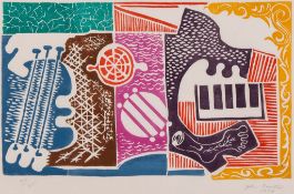 John Banting (1902-1972) - One Man Band linocut printed in colours, 1934, signed and dated in