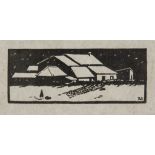 Robert Gibbings (1889-1958) - Farm Building in the Snow; Bridge Over River two wood-engravings, c.