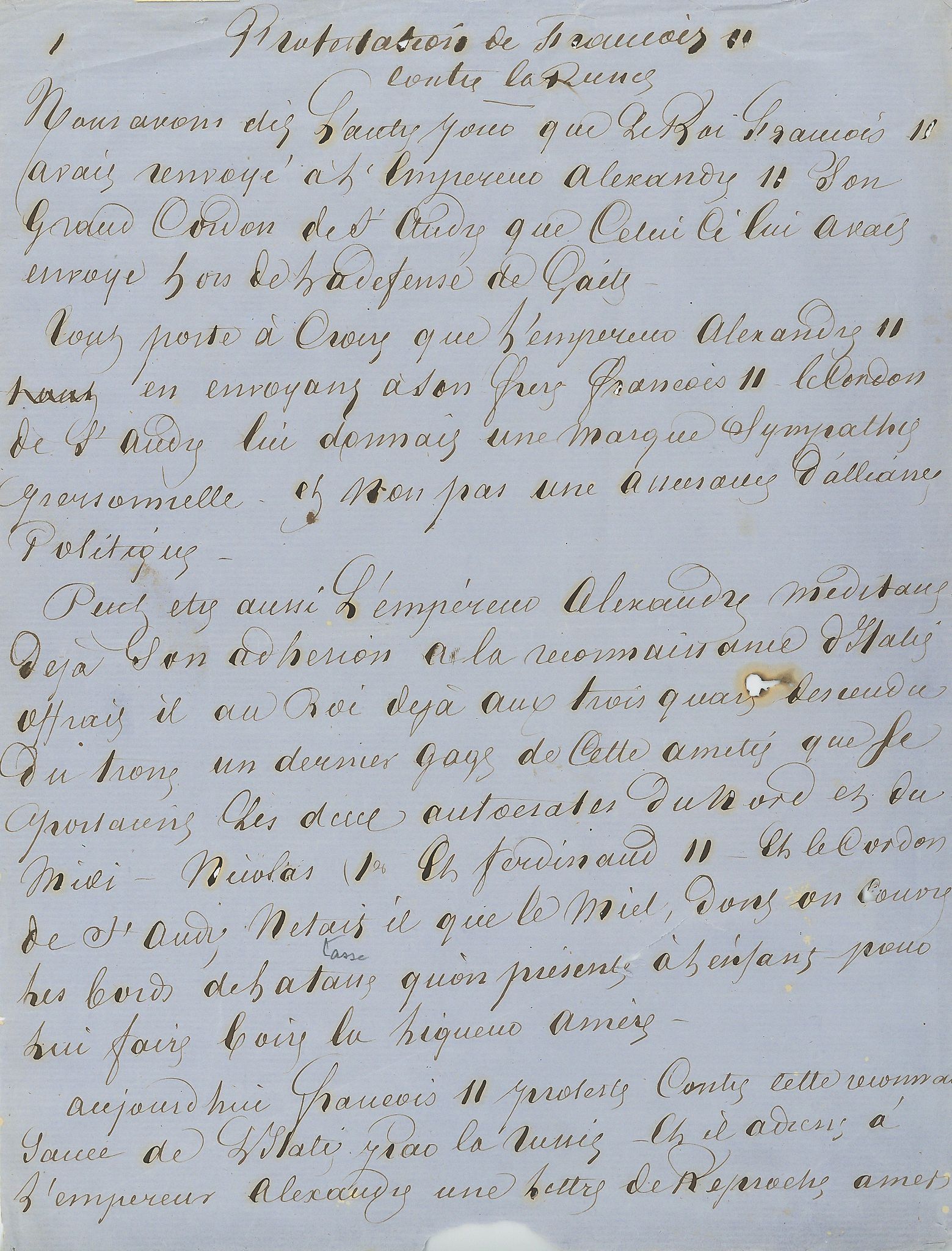 Protestation de François II contre la Russie, autograph manuscript signed, 6pp  (Alexandre,  père,