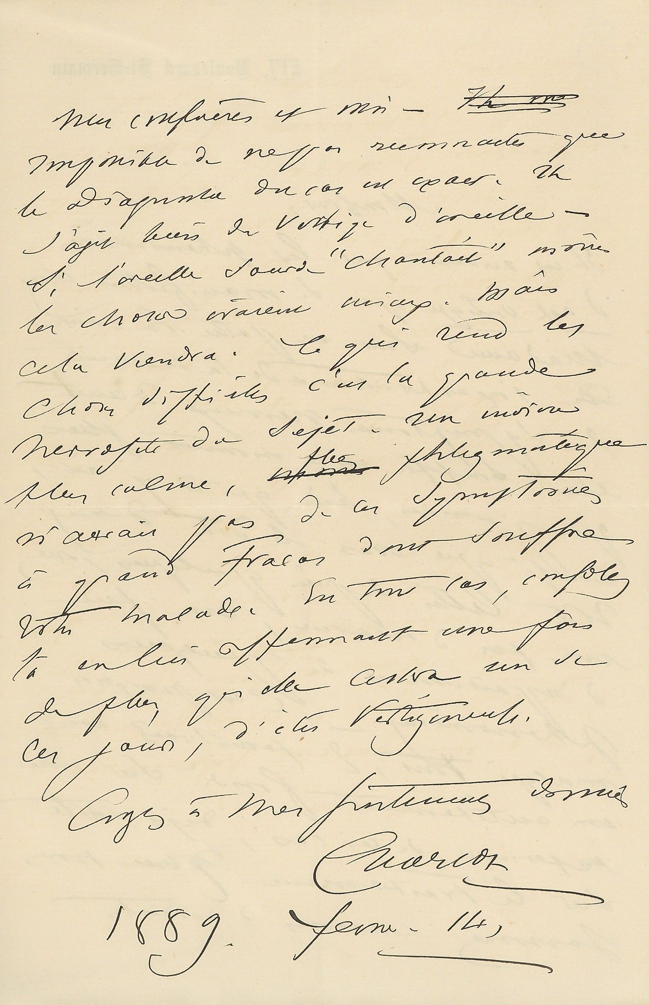 Autograph Letter signed "Charcot" to an unidentified recipient, 2pp  (Jean-Martin,  neurologist  ,