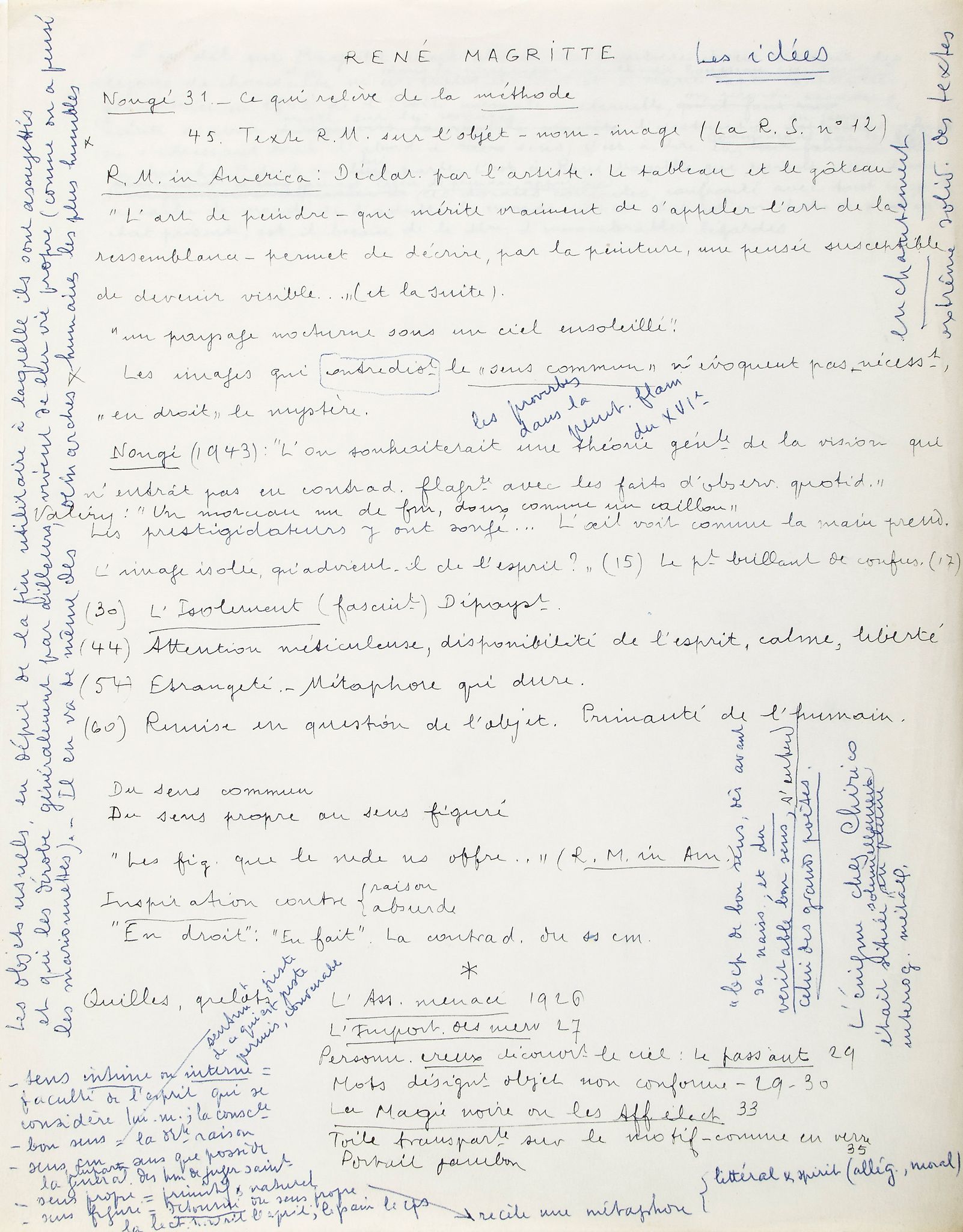 René Magritte, autograph manuscript notes, 1½pp., folds, slightly browned, sm  ( André,   writer and