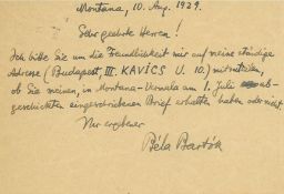 Autograph Postcard signed to Schott Music publisher's, of Mainz, in German  (Béla  , composer and